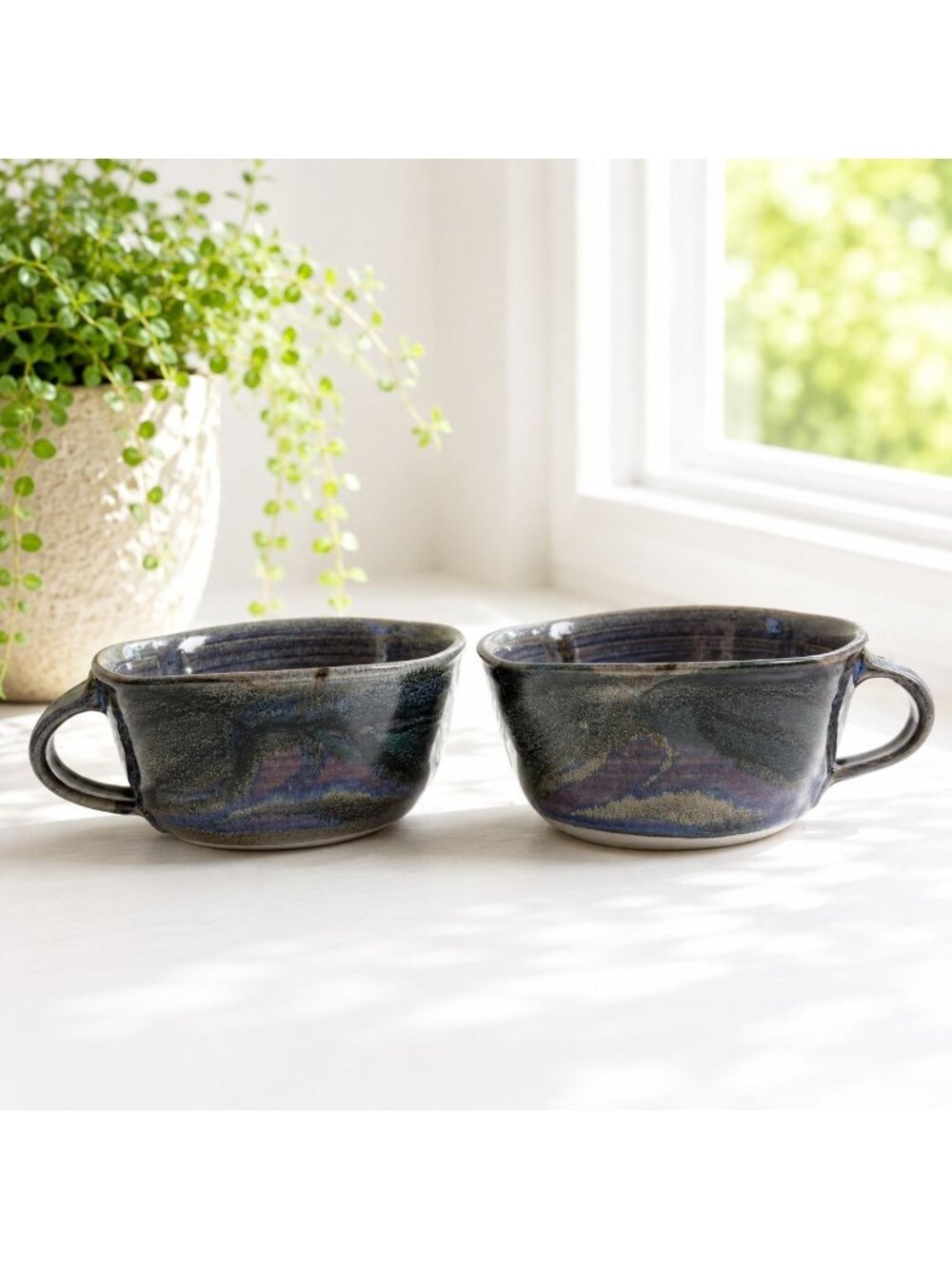 Handmade Artisan Chosin Canada Pottery Soup Coffee Cups Set Of 2 With Handles Bl